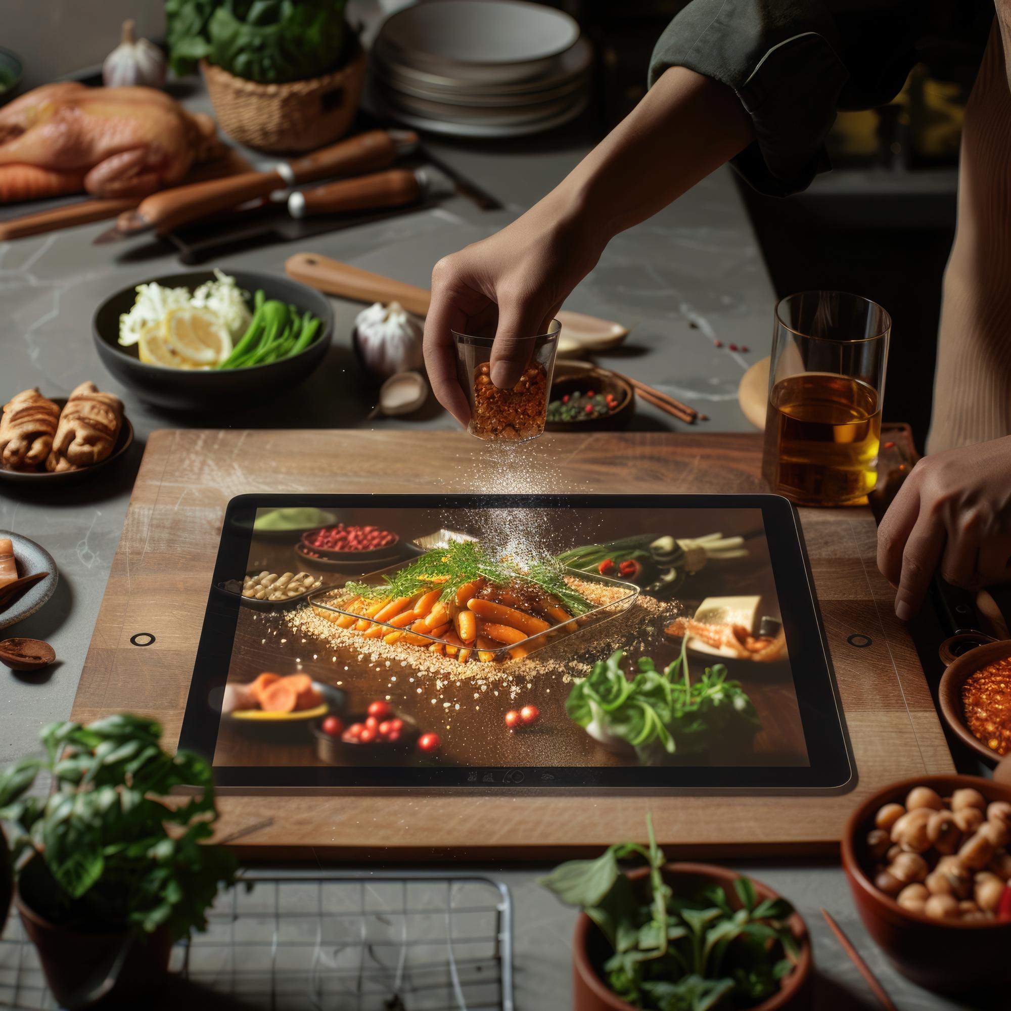 Split-screen of plated main and ingredient prep